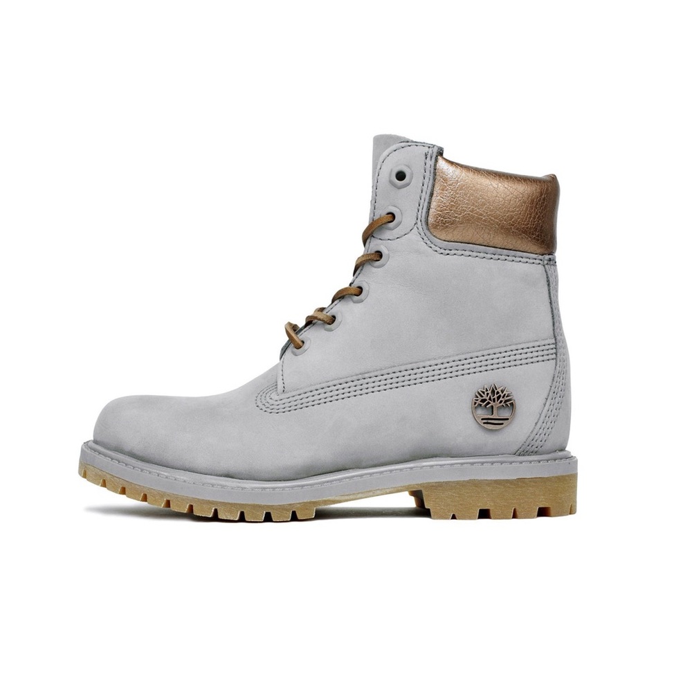 Timberland Gray And Rose Gold Women’s Leather Boots Size 8.5